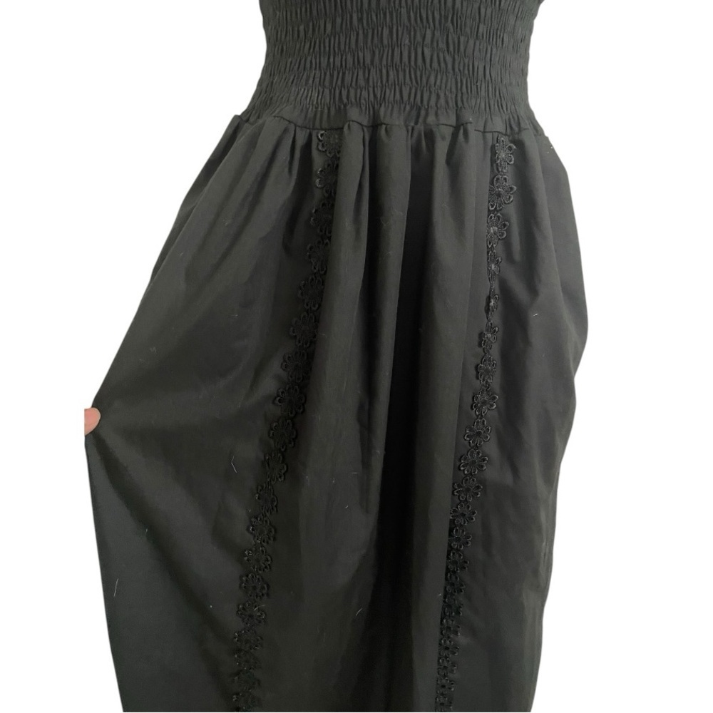 Zoe women’s smocked sun dress floral appliqué maxi black size S 100% cotton slit - Picture 3 of 7